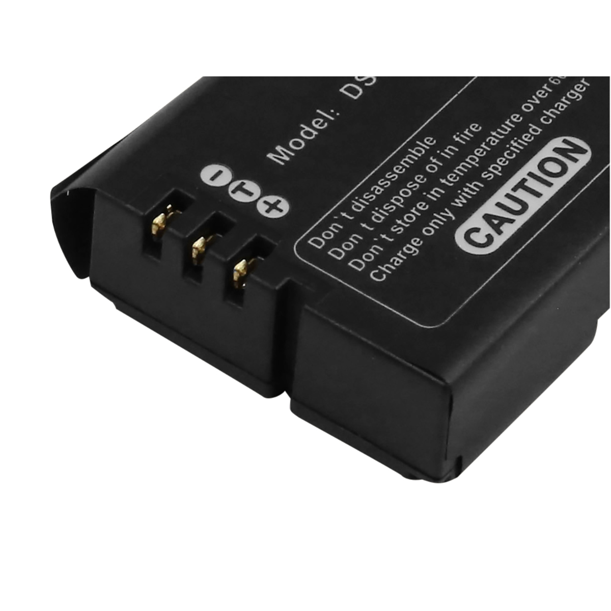Batteria nera con contatti e testo di avvertenza.