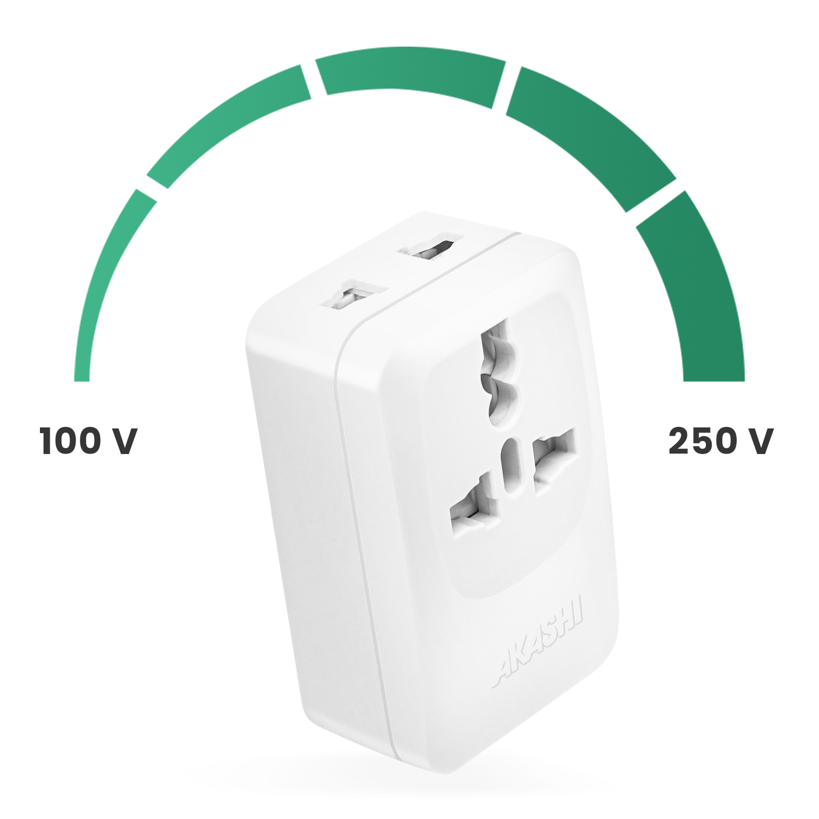 Un adattatore da viaggio bianco multi-presa mostrato tra 100 V e 250 V.