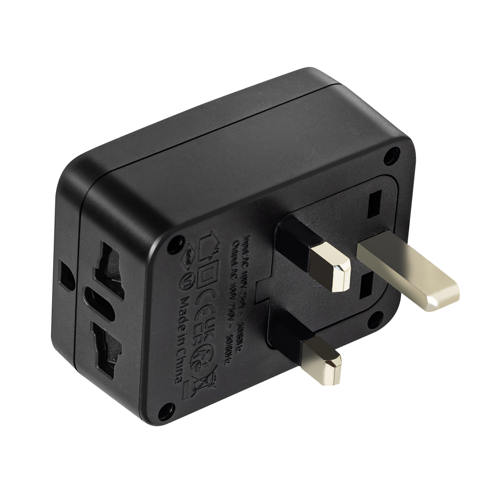 Adaptador de viaje negro con enchufe británico y múltiples tomas.