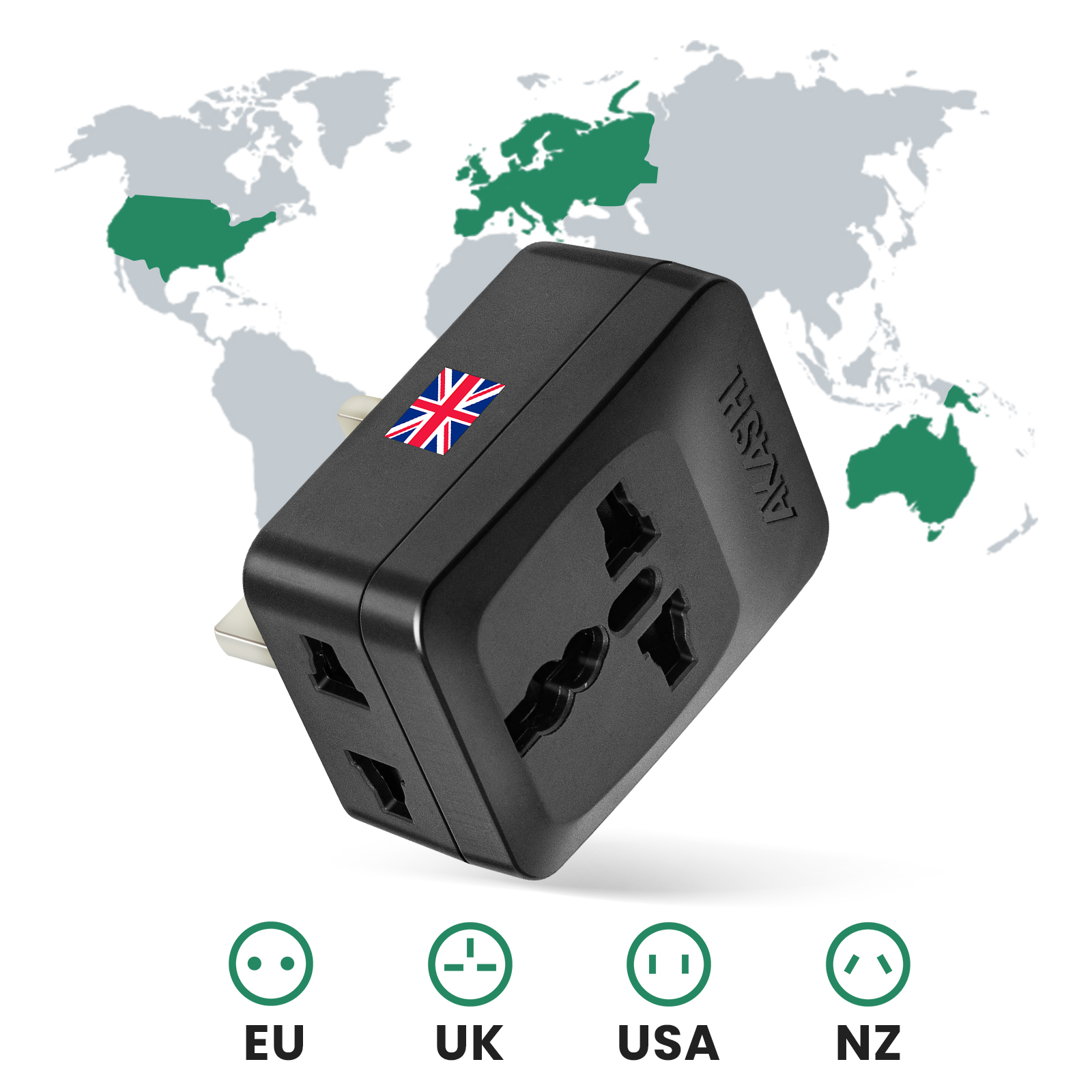 Adaptador de viaje con bandera de Reino Unido en mapa mundial.