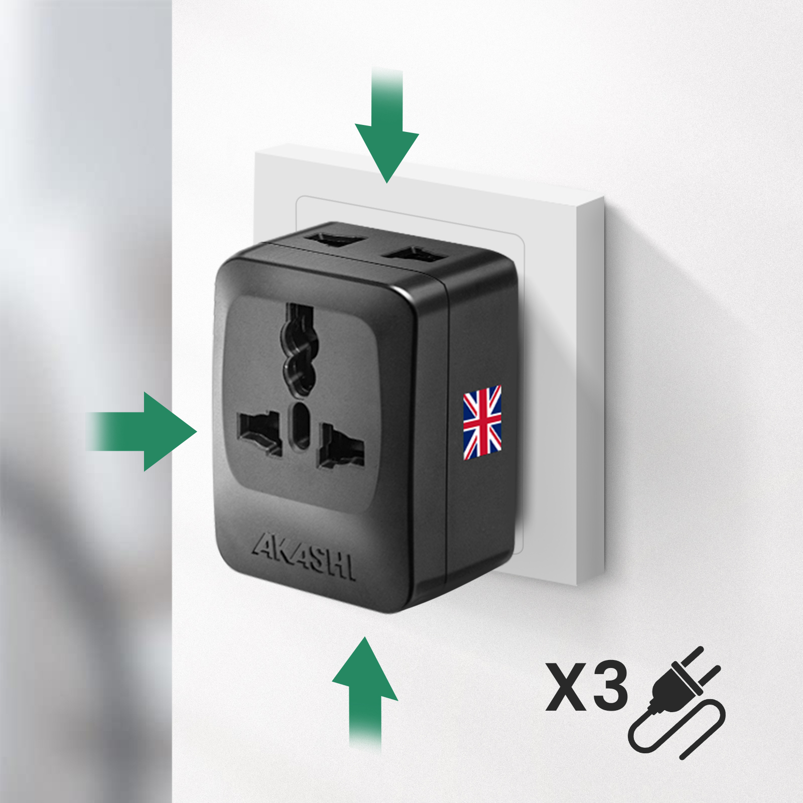 Adaptador de viaje negro con bandera Union Jack en enchufe, paquete de 3.