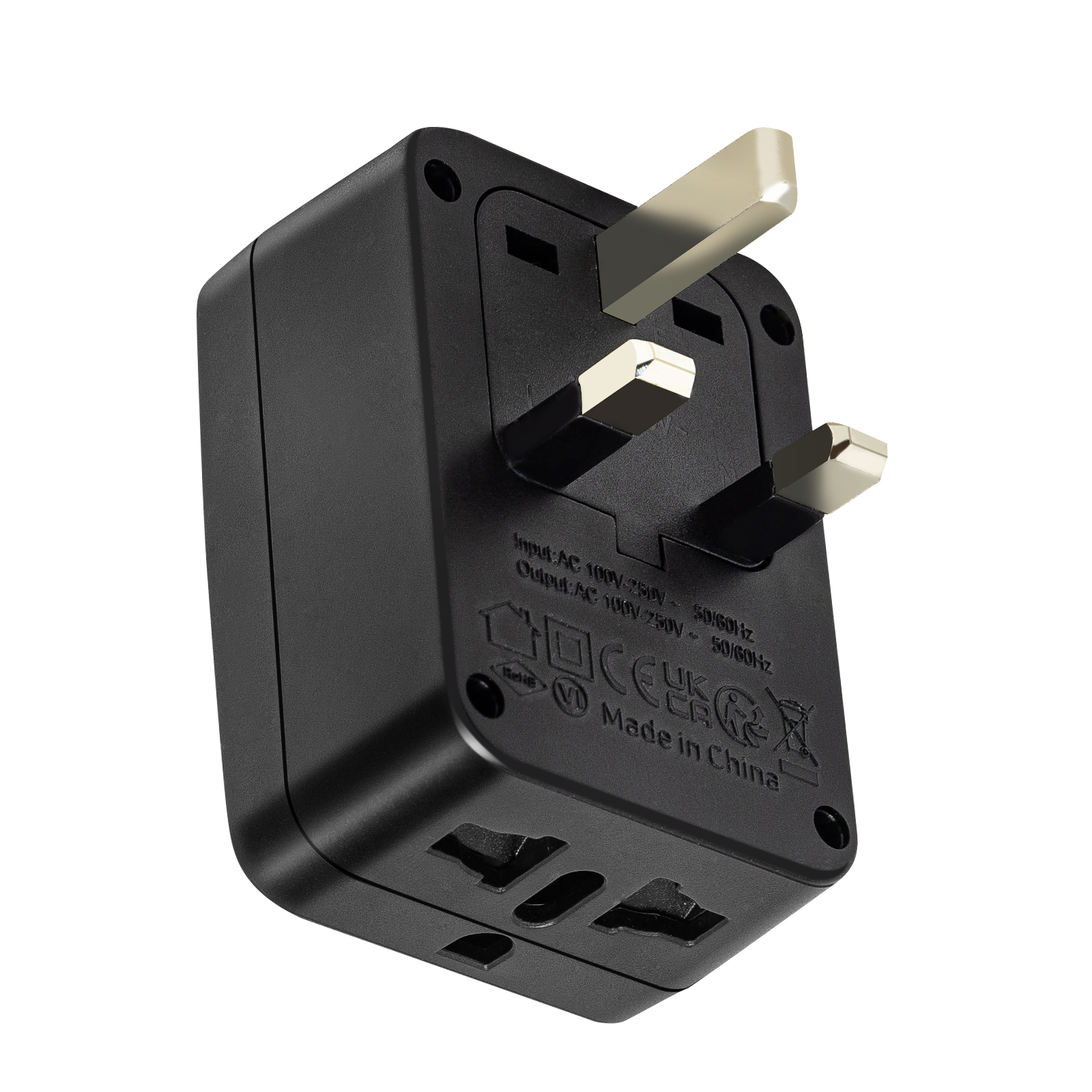 Adaptador de viaje negro con tres clavijas plateadas y enchufes internacionales.