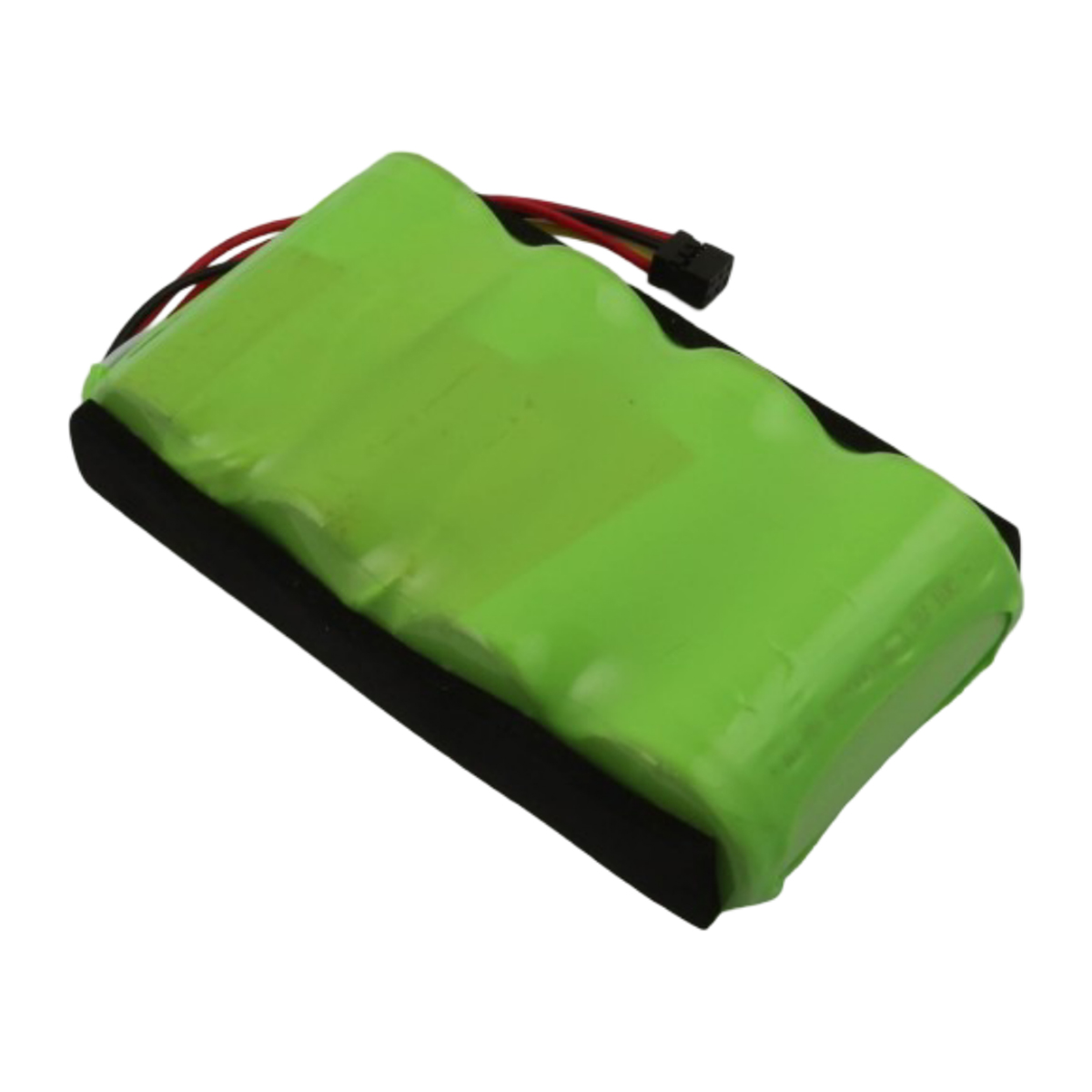 Un pacco batteria verde con fili neri e connettore nero.