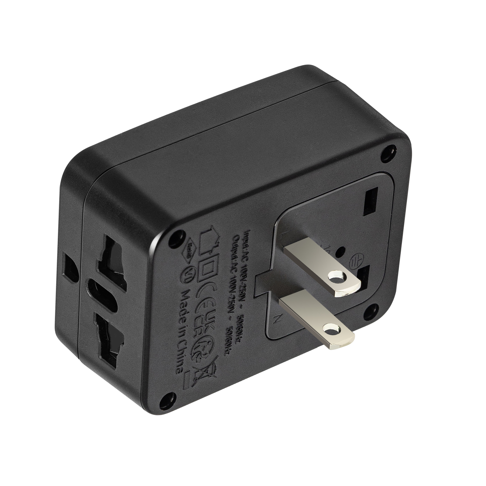 Adaptador de viaje negro con enchufe de EE. UU. y múltiples tomas.