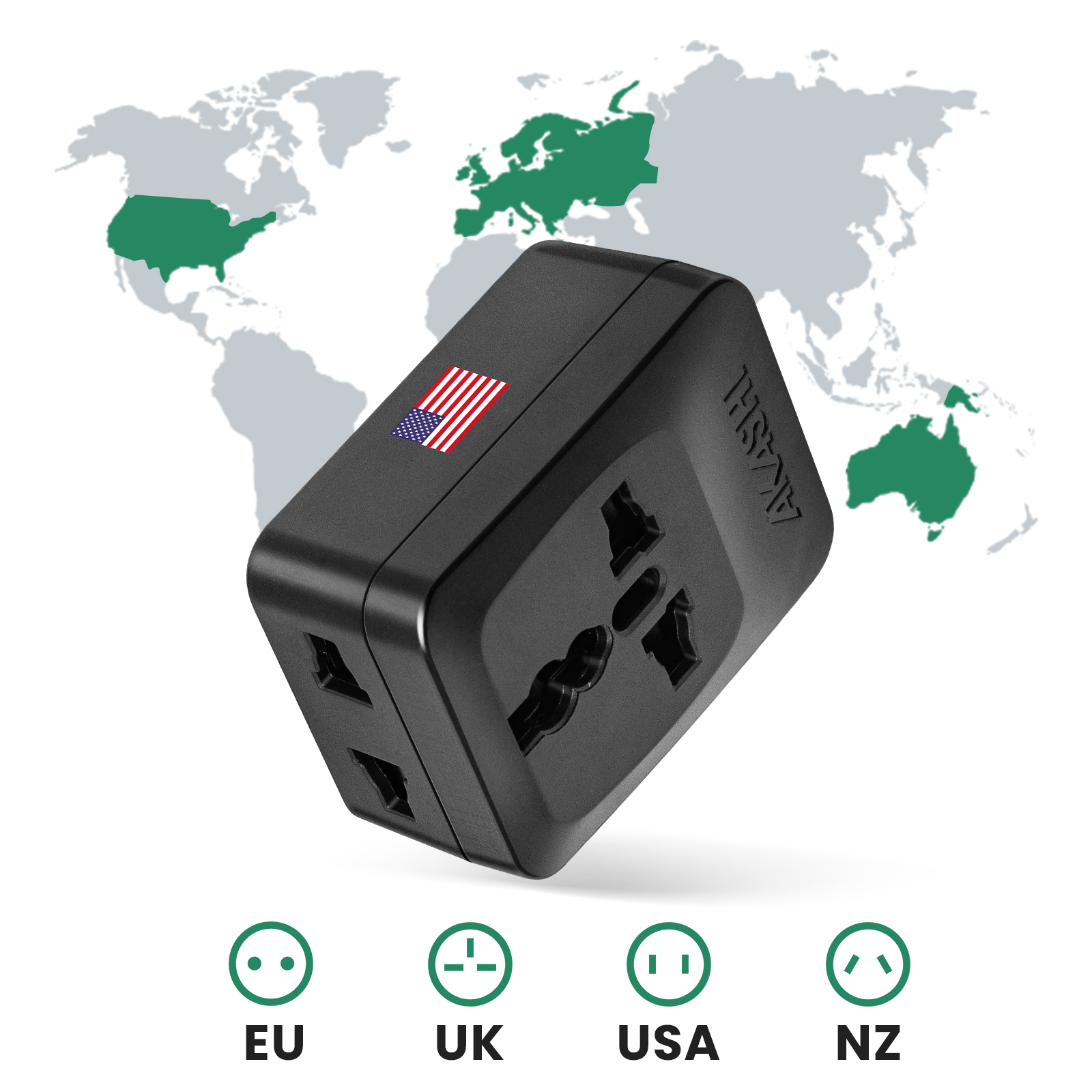 Adaptador de viaje negro con bandera de EE. UU. Mapa mundial.