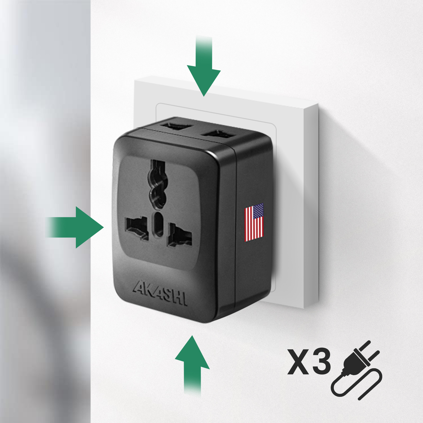 Adaptador de viaje negro con bandera de EE. UU., enchufado.