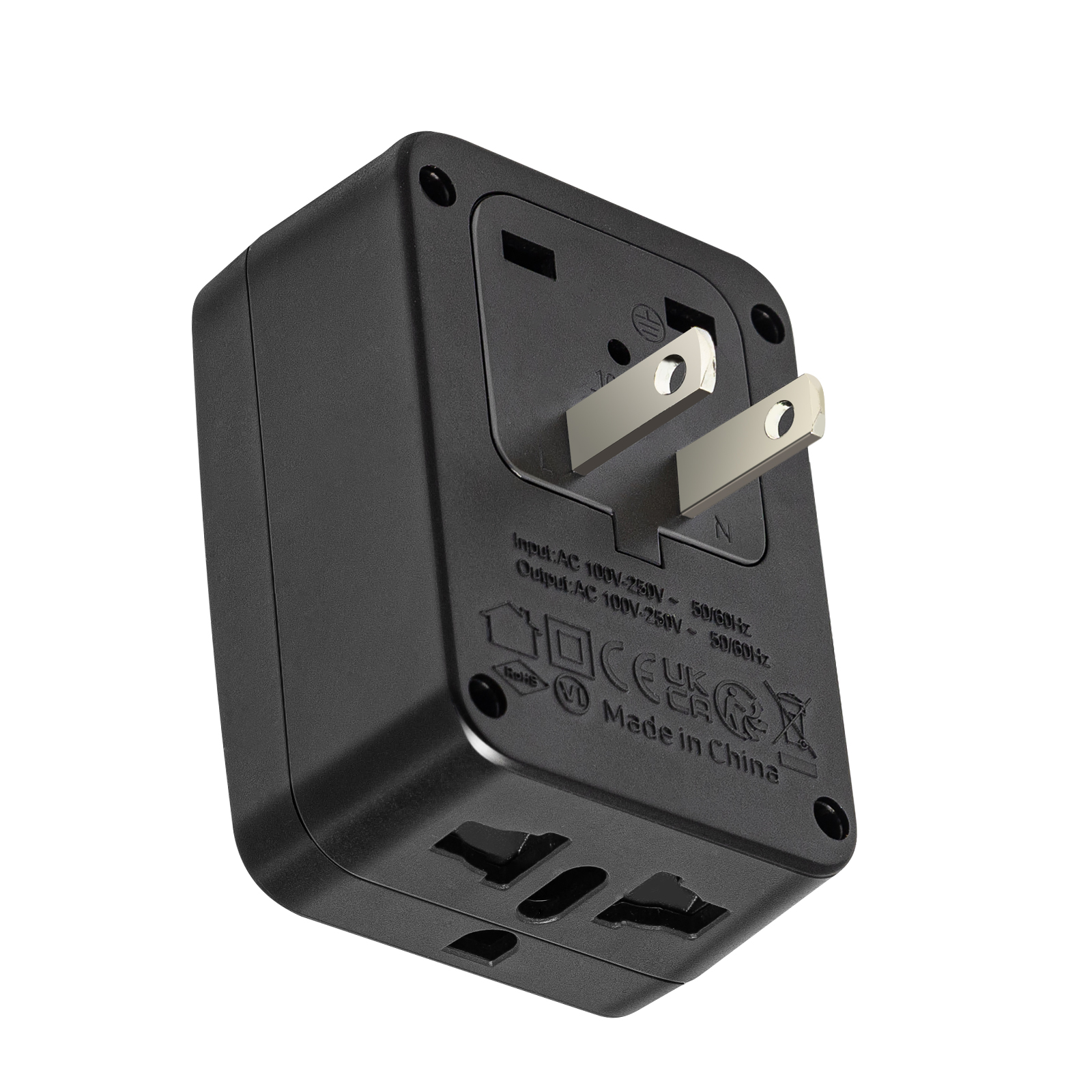 Adaptador de viaje universal negro con clavijas de EE. UU. retráctiles y múltiples enchufes.
