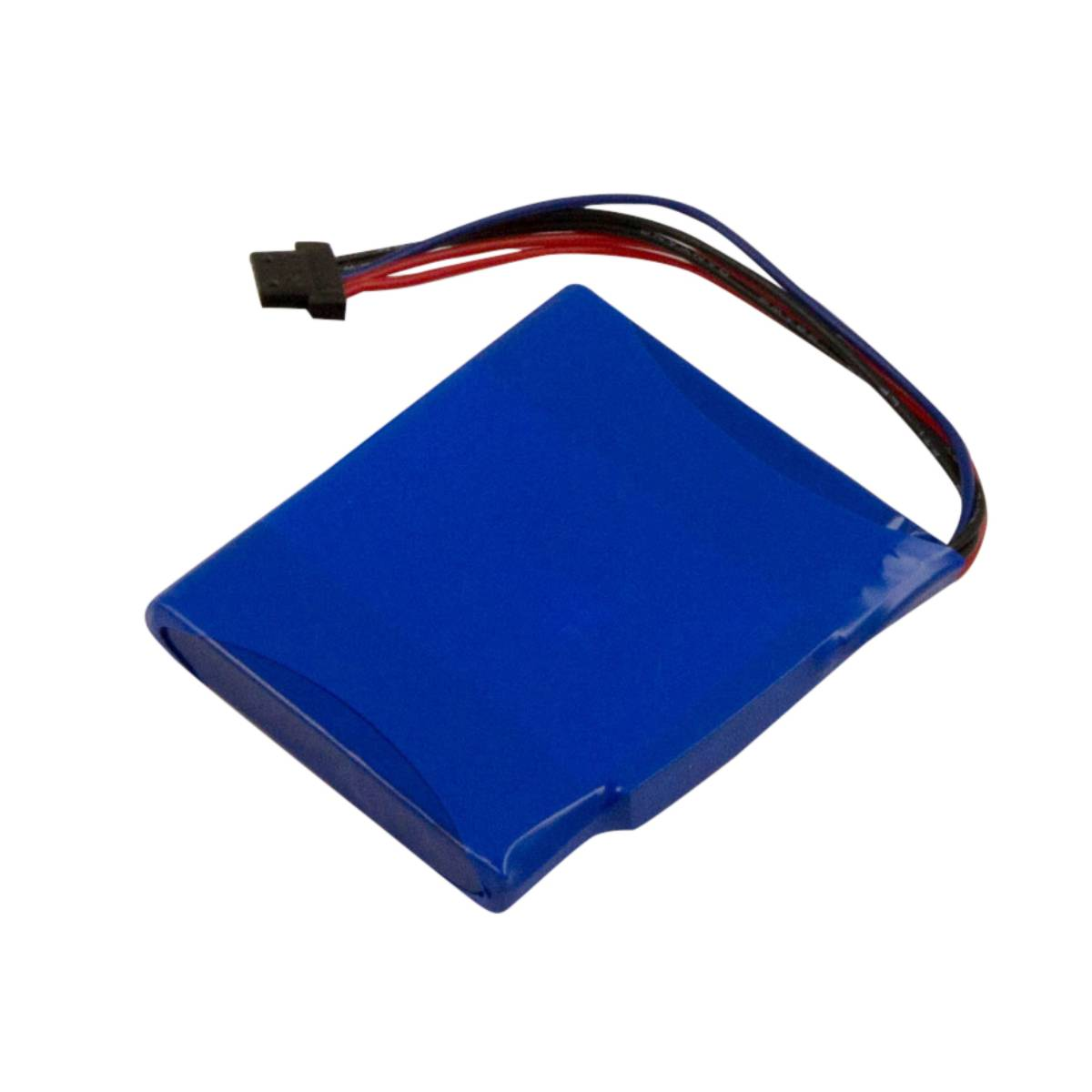 Un pacco batteria blu con connettore nero e fili rosso, blu e nero.