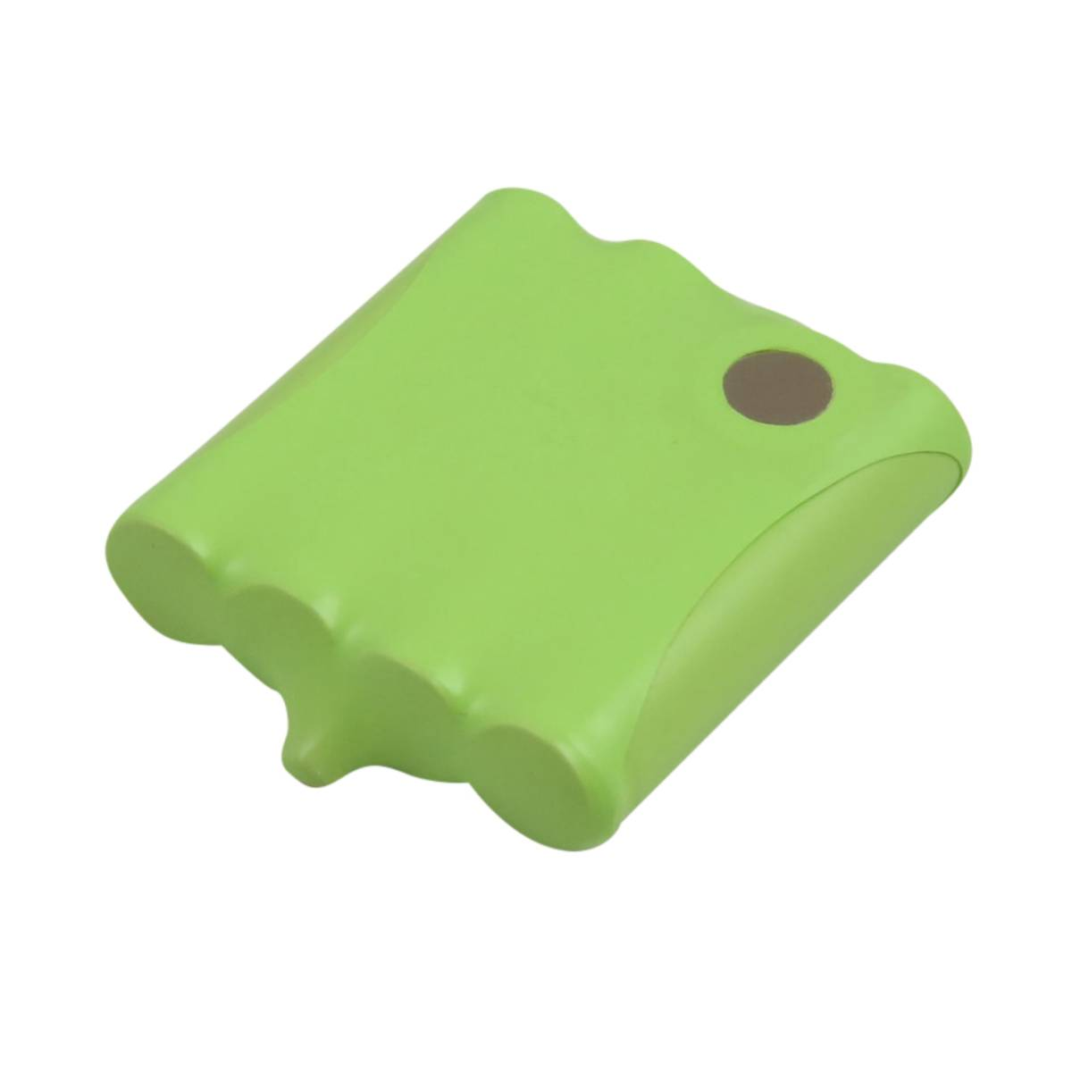 Pacco batteria verde con tre celle arrotondate e un punto marrone in cima.