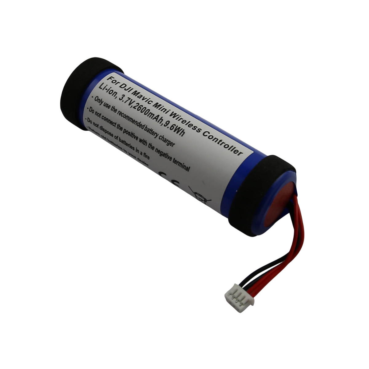 Una batteria cilindrica per DJI Mavic Mini con etichette blu e bianche.