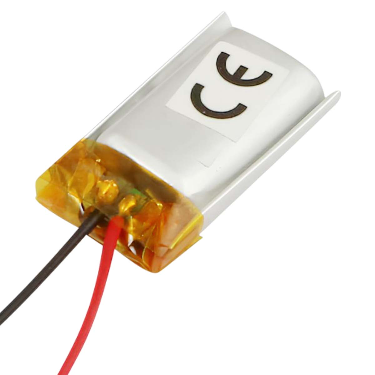 Batteria compatta con marchio CE e cavi rosso/nero.