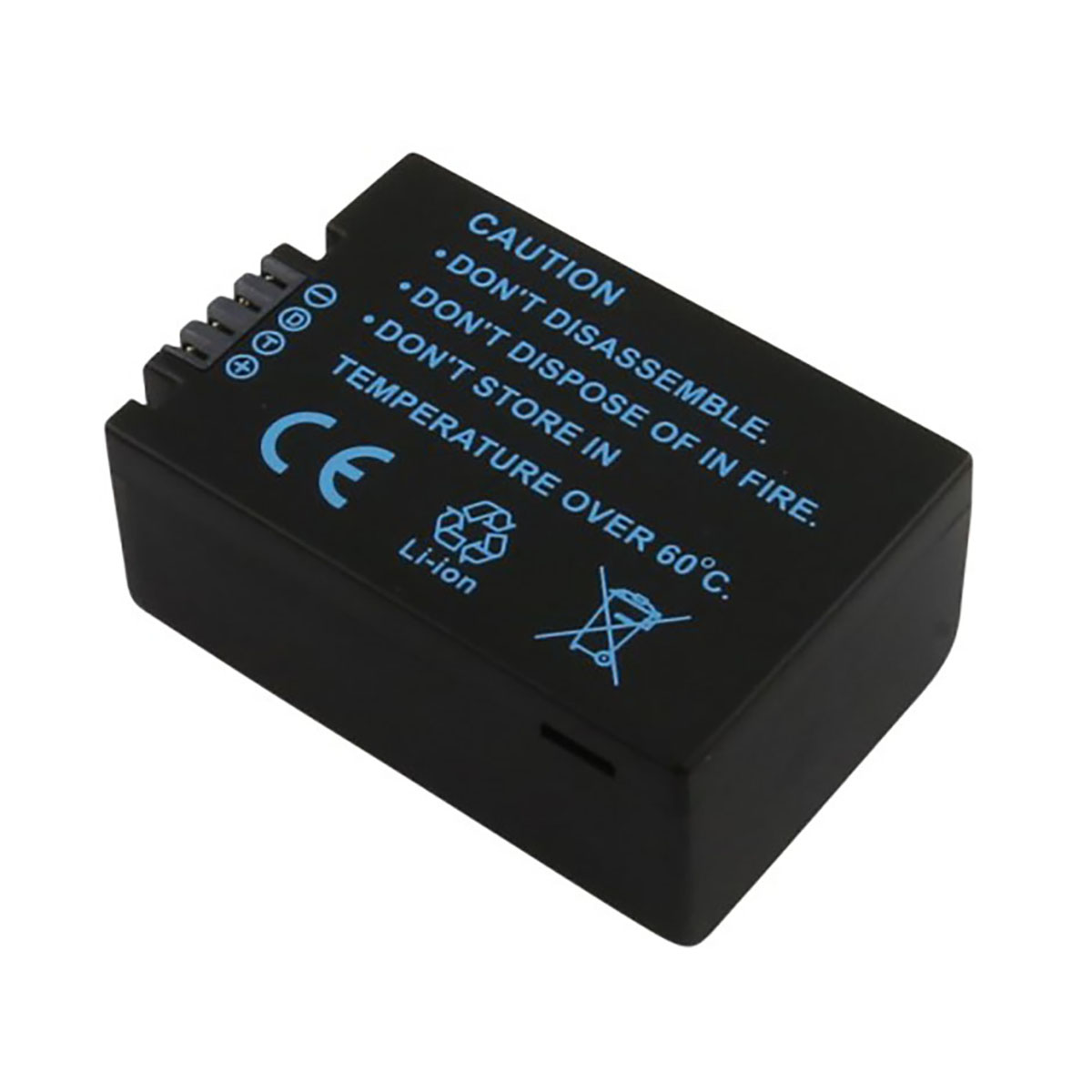 Batteria Li-ion nera con avvisi blu e marchio CE.