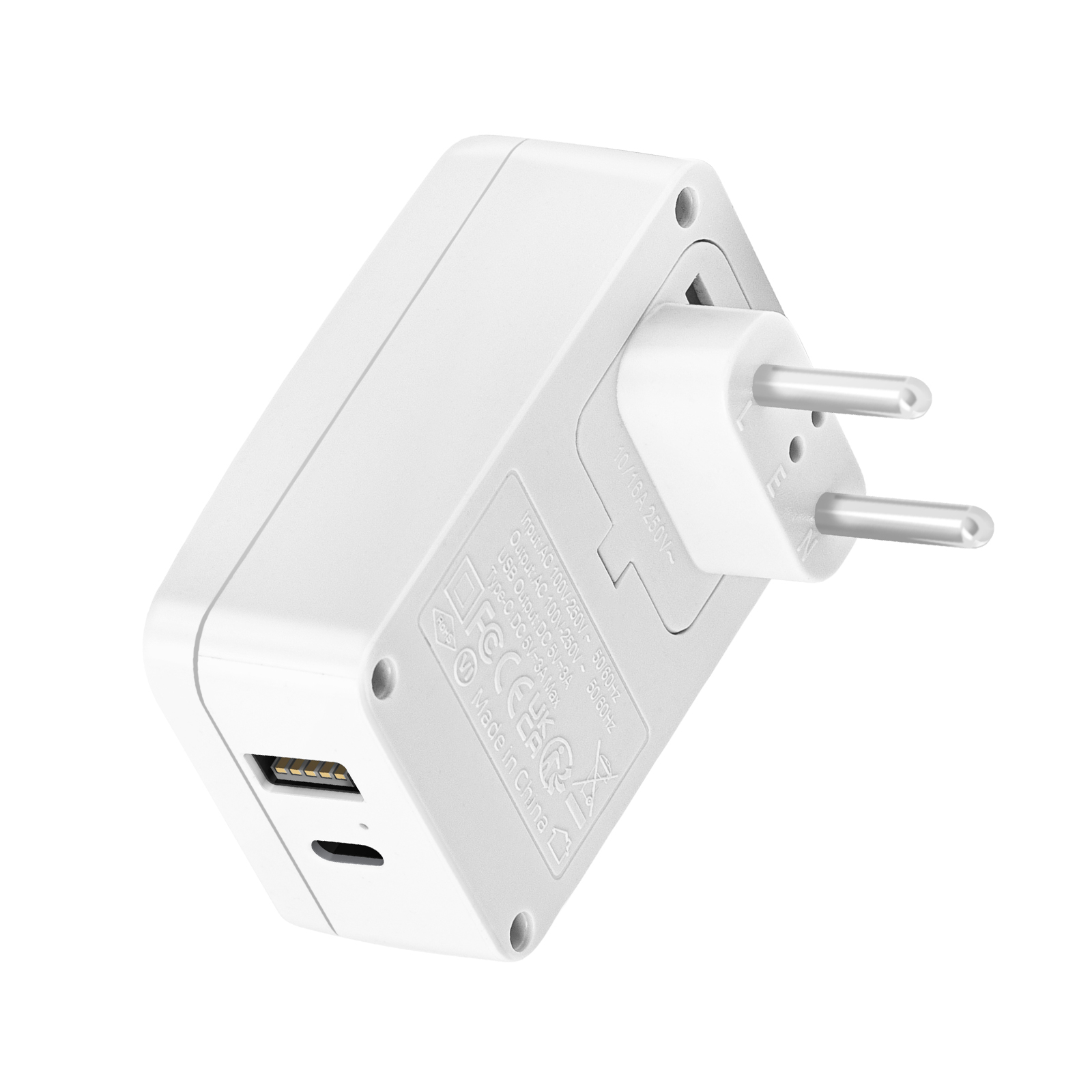 Adaptador de viaje blanco con puertos USB-A y USB-C y clavijas europeas.