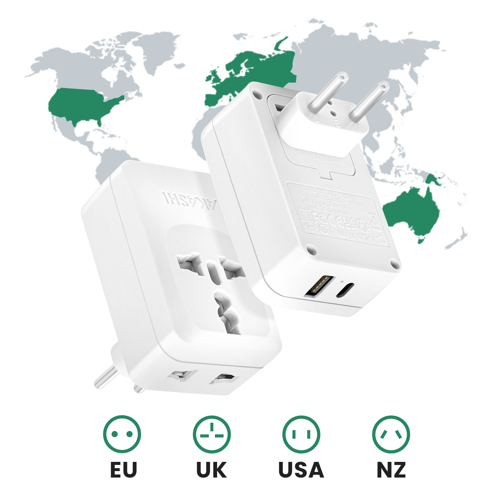 Adaptadores de viaje blancos con mapa mundial e iconos UE, REINO UNIDO, EE. UU., NZ.