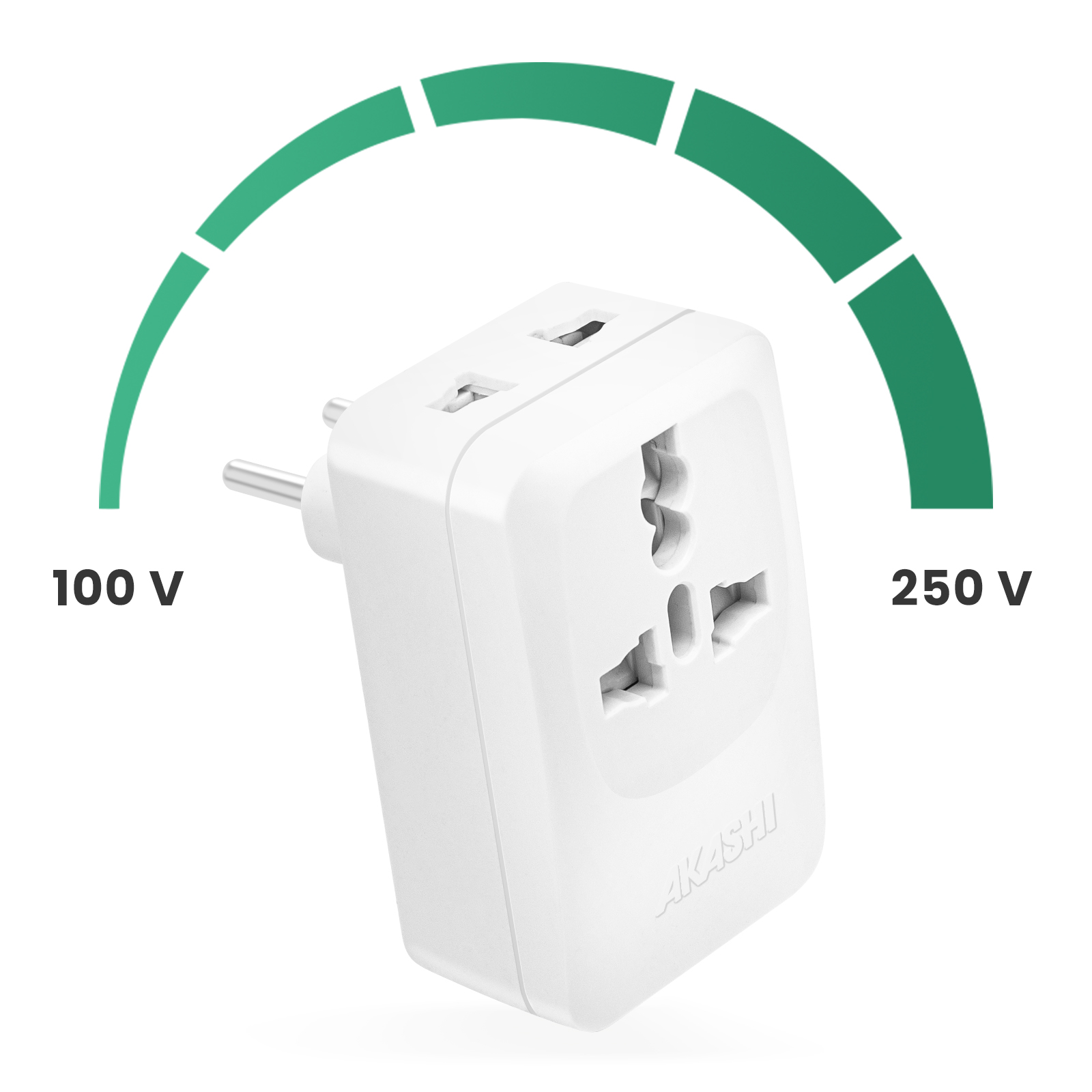 Un adaptador universal blanco con enchufes y clavija, 100-250V.