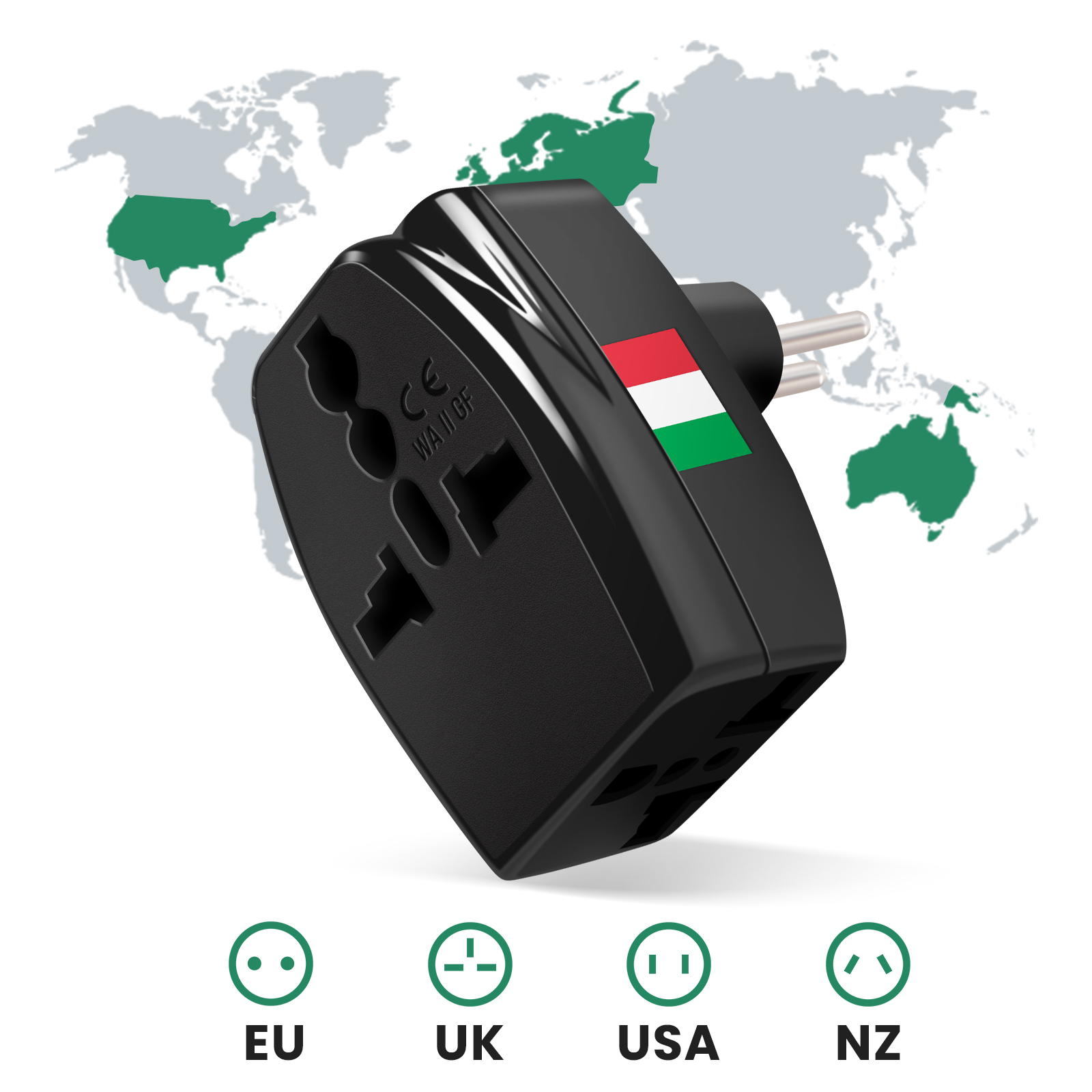 Un adaptador de viaje negro con bandera húngara ante un mapa mundial.