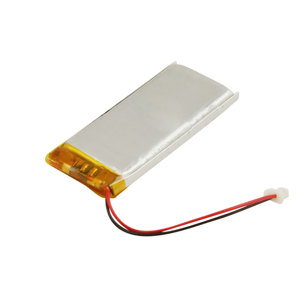 Batteria piatta ai polimeri di litio con cavi rosso e nero.
