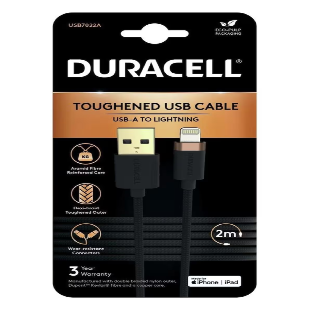 Duracell USB-A - Lightning kablosu, güçlendirilmiş çekirdek ve 2m uzunlukta.