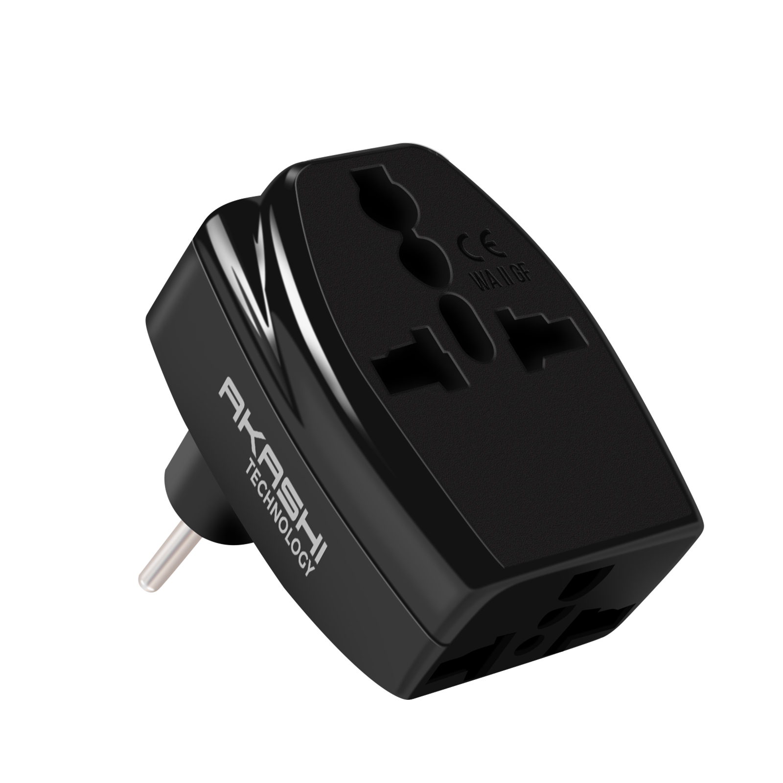 Adaptador de viaje universal negro con múltiples enchufes y logo 'Akashi Technology'.