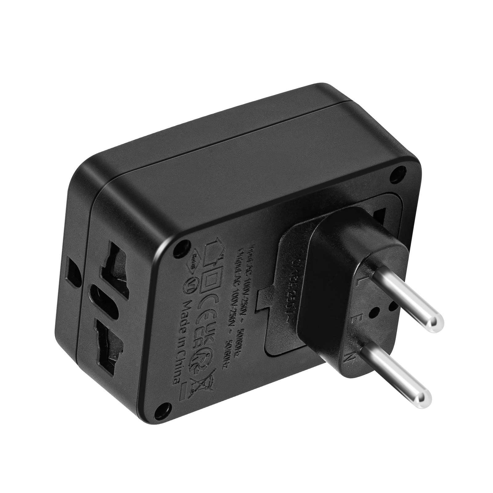 Adaptador de viaje negro con múltiples enchufes y un enchufe europeo.