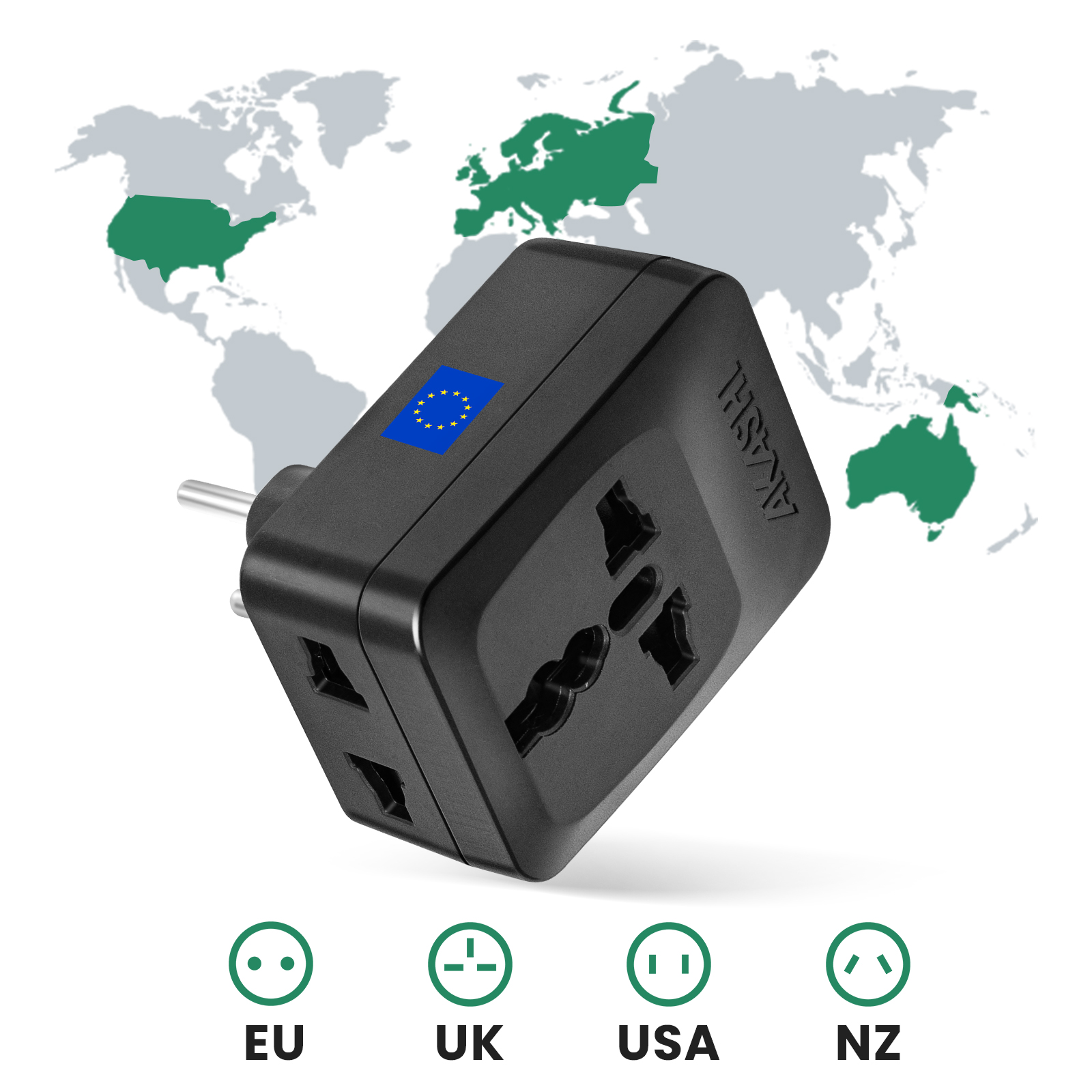 Un adaptador de viaje negro con bandera de la UE ante un mapa del mundo. Iconos muestran UE, RU, EE. UU., NZ.