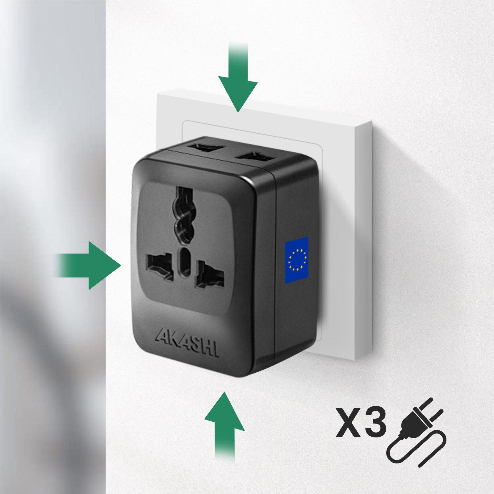 Adaptador de viaje negro con símbolo UE en enchufe, al lado 'X3' y un enchufe.