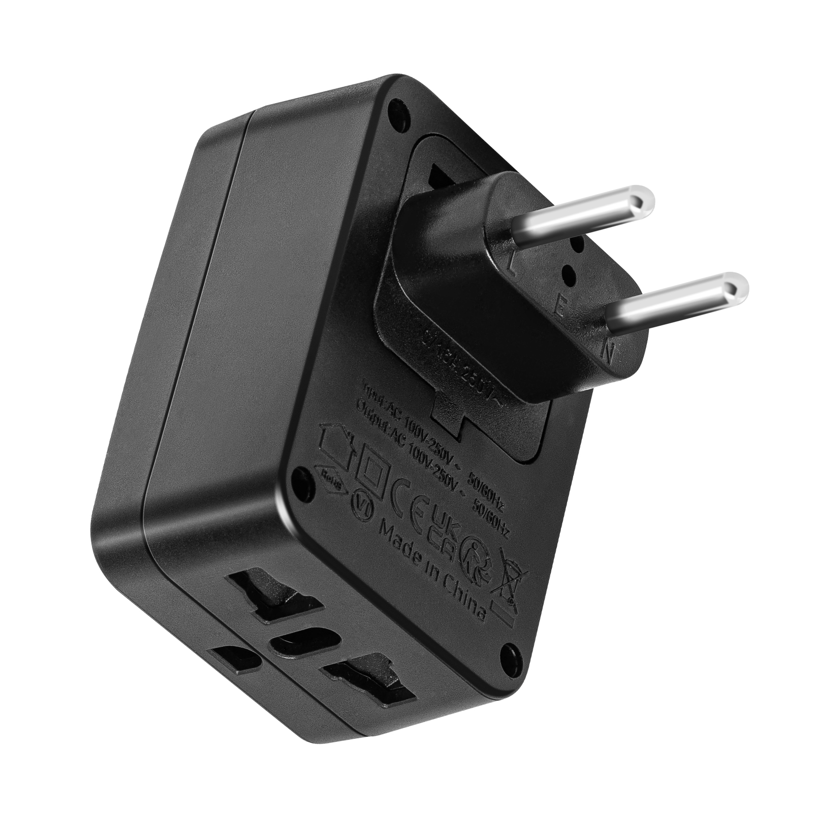 Adaptador de viaje negro con clavijas retráctiles y múltiples enchufes.