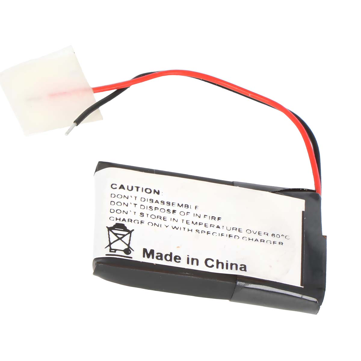 Batteria nera con cavo rosso e nero, etichetta Made in China.