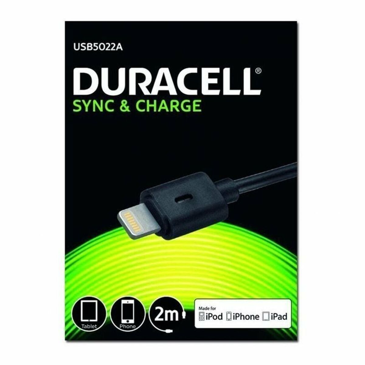 Duracell Sync & Charge kablosu, Lightning konektörlü, 2m, telefon/tablet için.