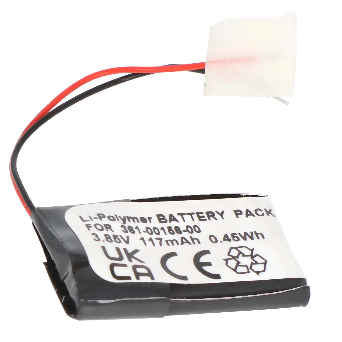 Batteria Li-Polymer, 3.85V 117mAh, con cavi rosso e nero.
