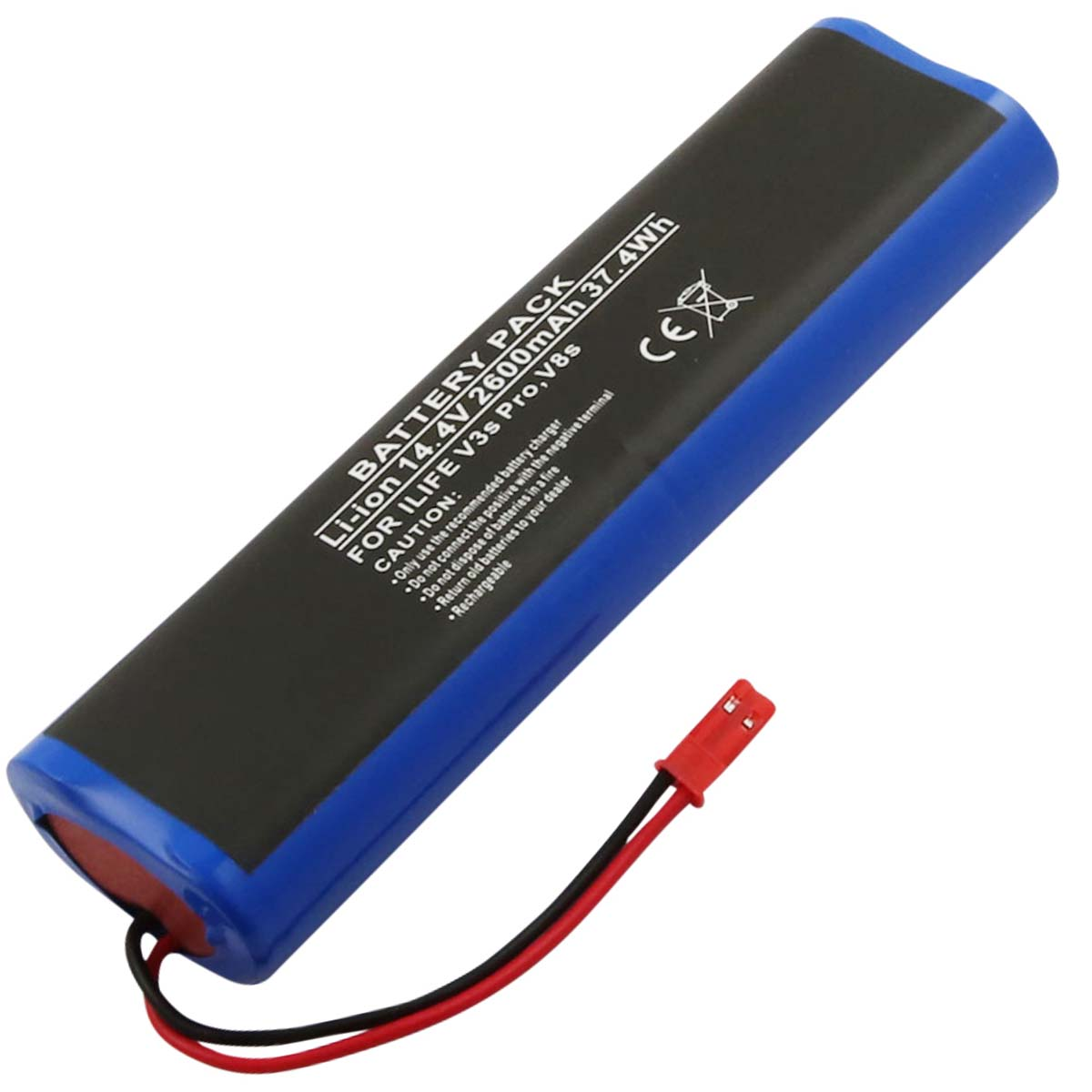 Pacco batteria blu con etichetta nera, 14,4V 2600mAh e fili rossi.