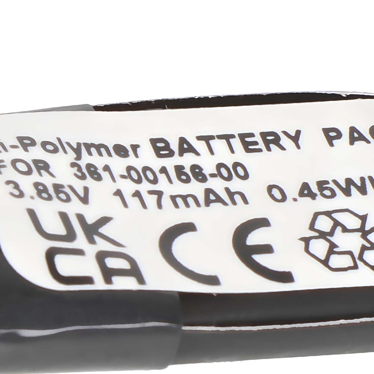 Batteria Li-Polymer, 381-00156-00, 3.85V 117mAh. Marchio UKCA e CE.