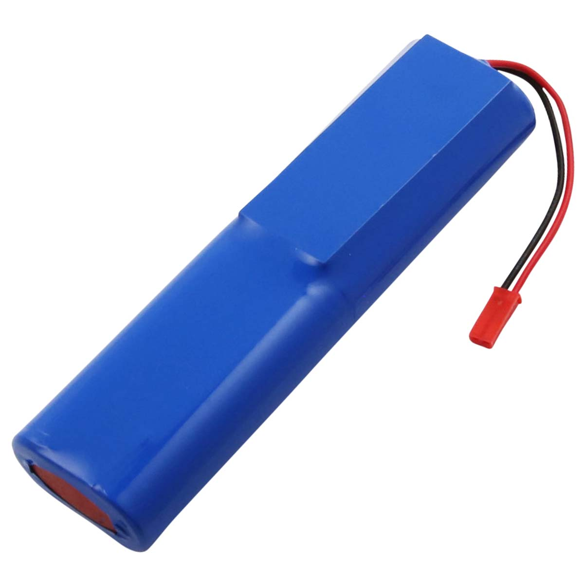 Un pacco batteria blu con fili rossi e neri e un connettore rosso.
