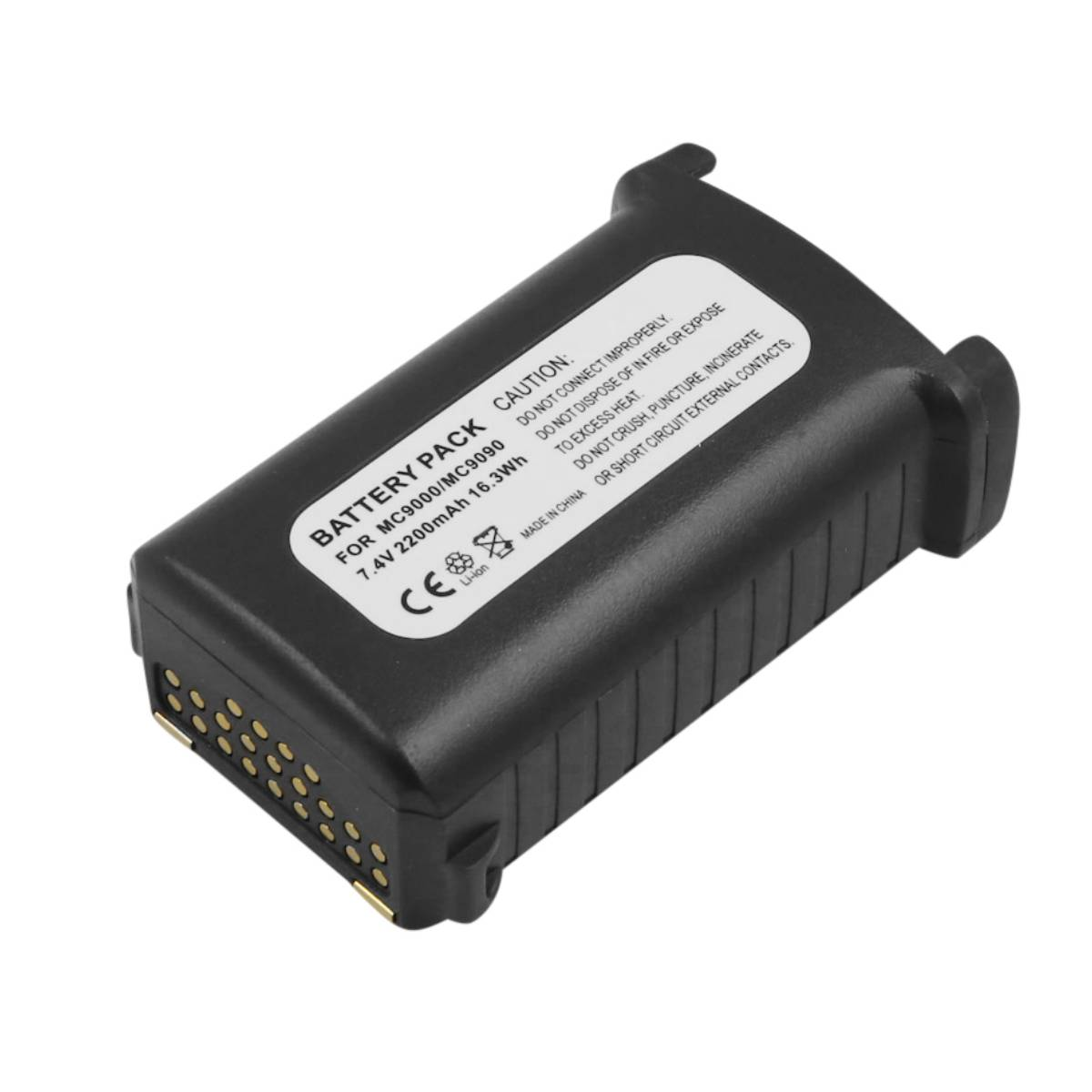 Pacco batteria nero per MC9000/MC9090 con etichette di avvertenza e marchio CE.