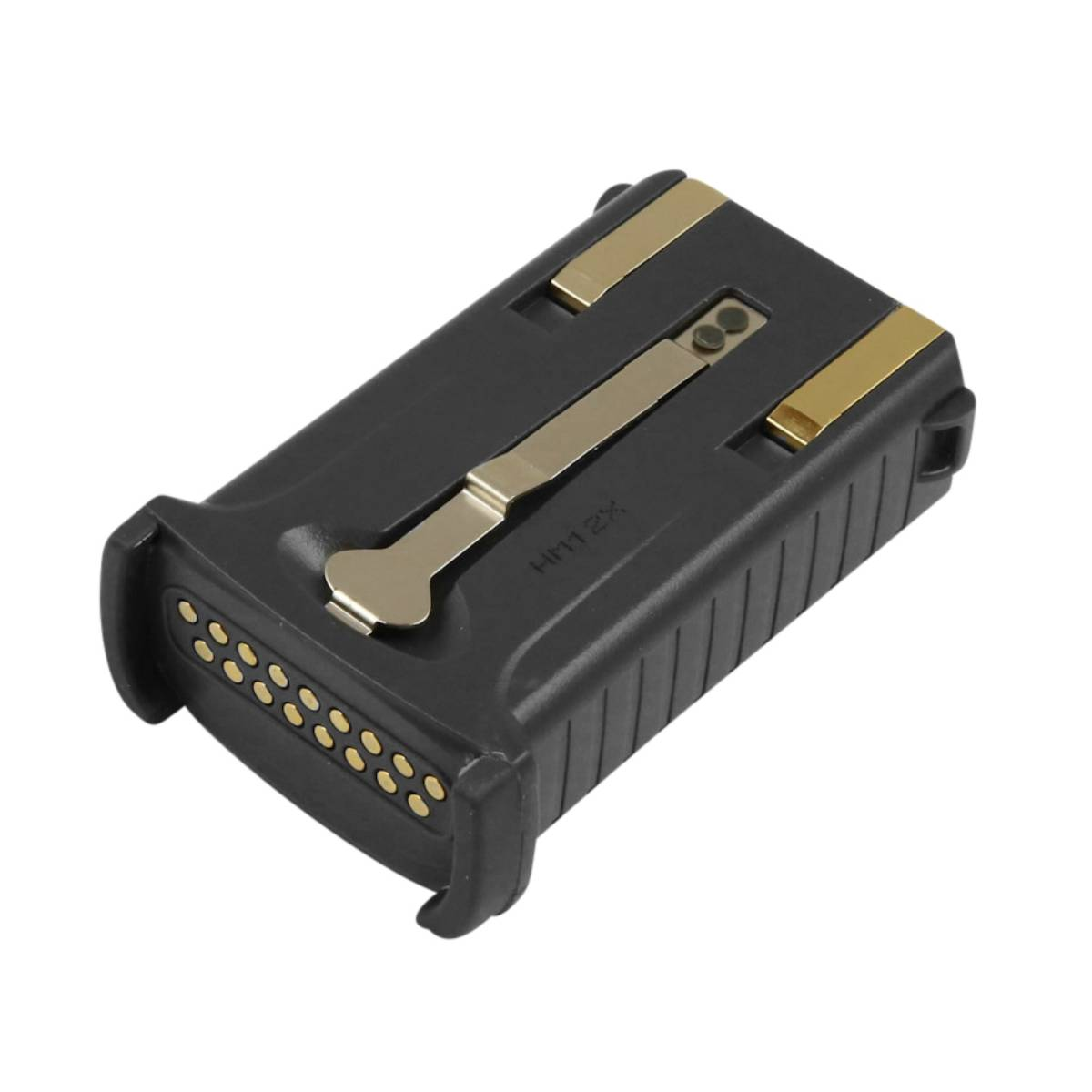 Batteria nera con contatti dorati e clip argentata. Etichetta HM 1 2X.