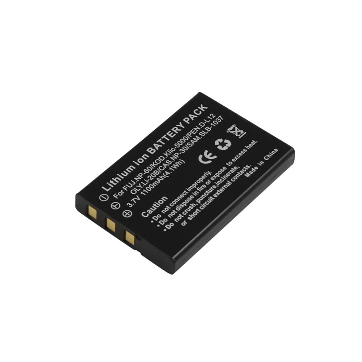 Batteria nera ricaricabile agli ioni di litio per fotocamera con testo e simboli.