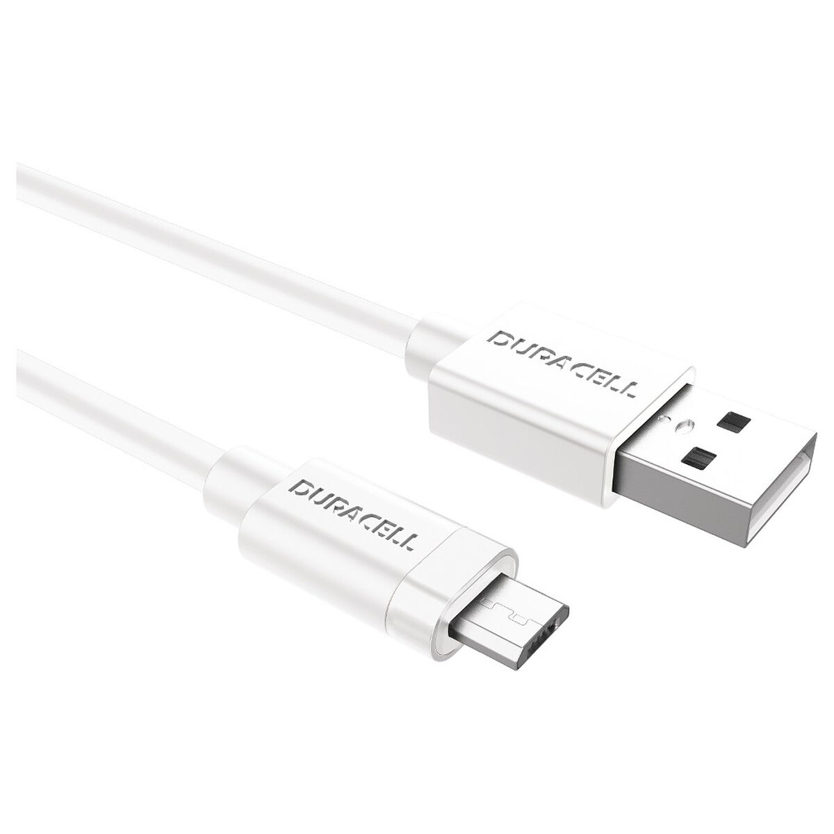 Beyaz Duracell USB - Micro USB kablosu beyaz arka planda.