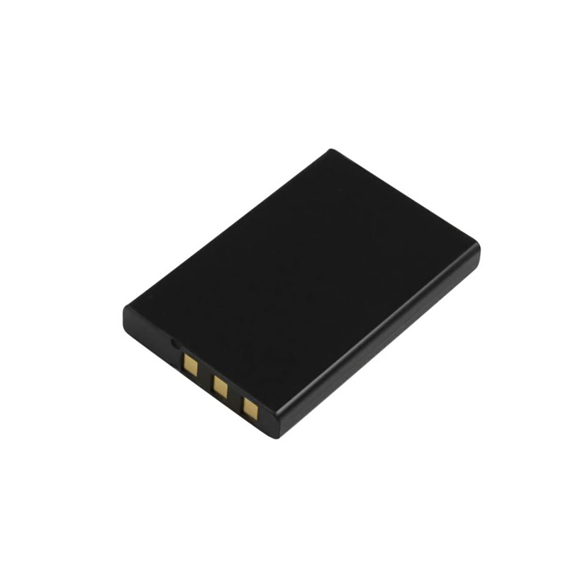 Batteria nera con tre contatti dorati su sfondo bianco.