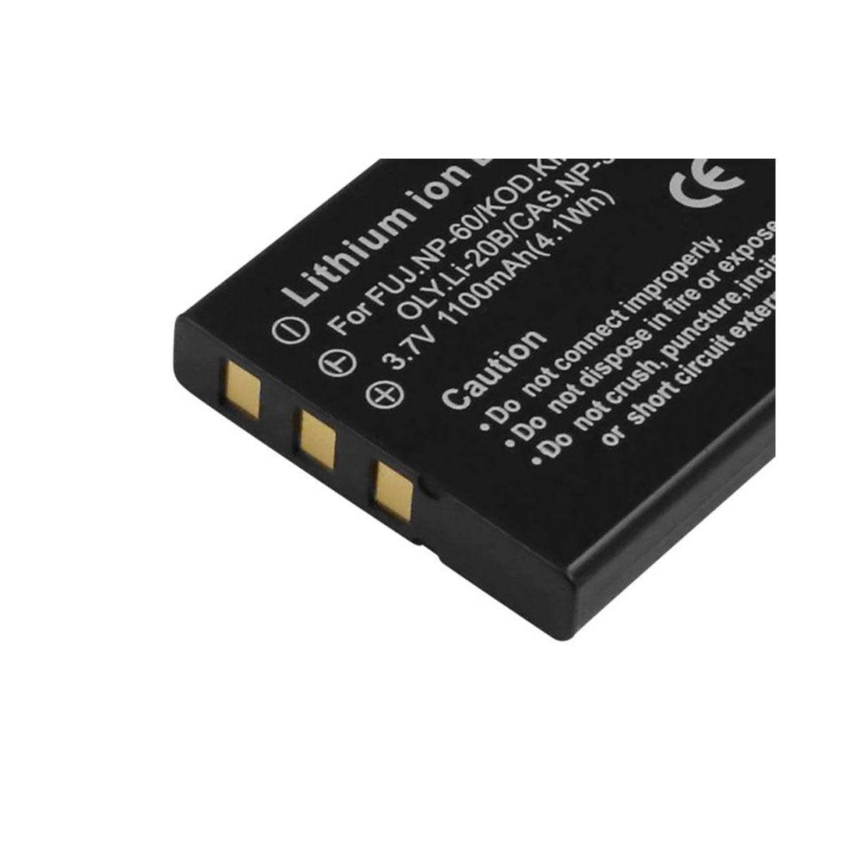 Batteria nera agli ioni di litio con testo e marchio CE.