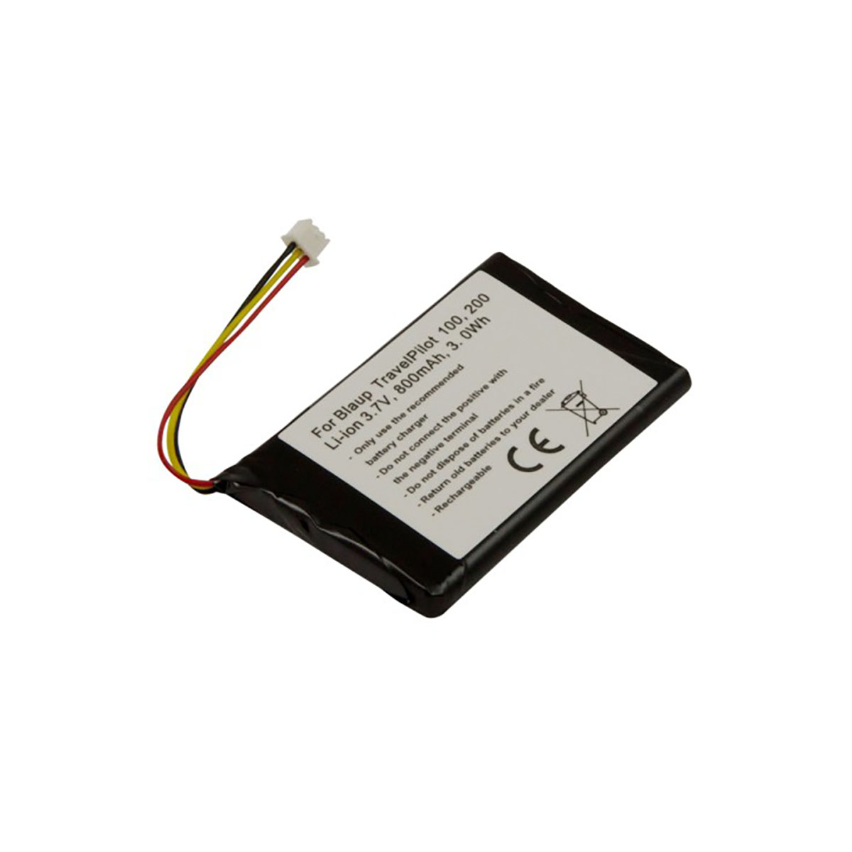 Una batteria nera Li-ion per Blaupunkt TravelPilot con fili e connettore.