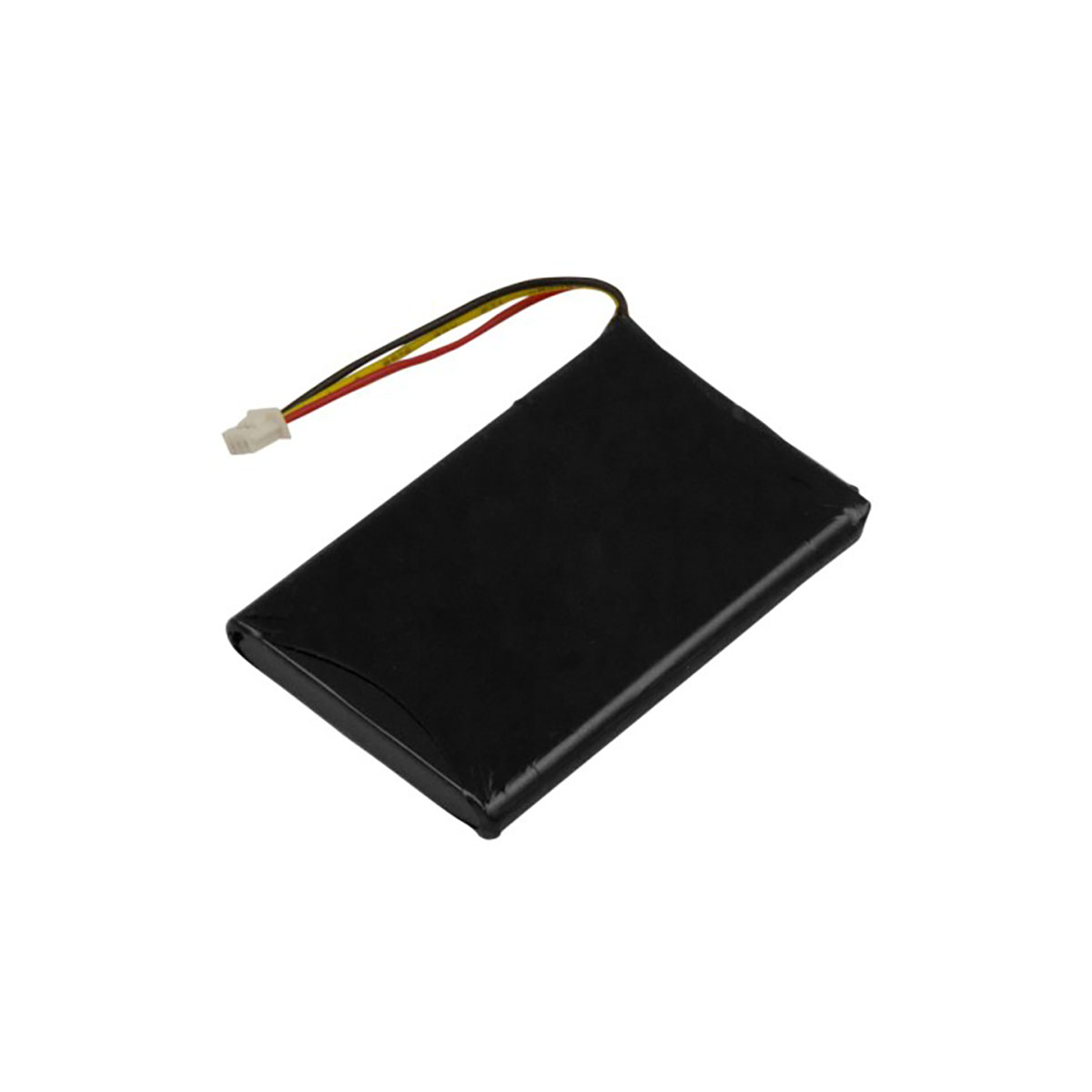 Batteria nera con tre fili (rosso, giallo, nero) e connettore bianco.