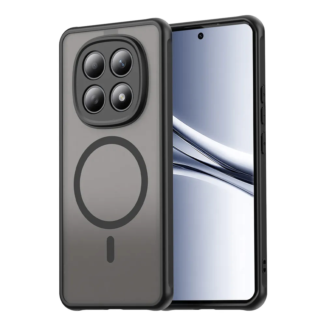 Grijze telefoonhoes met vier camera's en een magneetring.