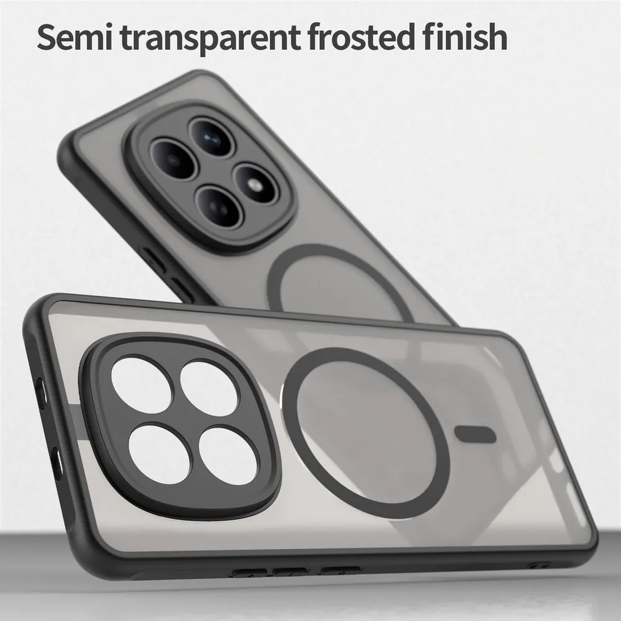 Grijze semi-transparante telefoonhoesjes met camera-uitsparing en magneetring.