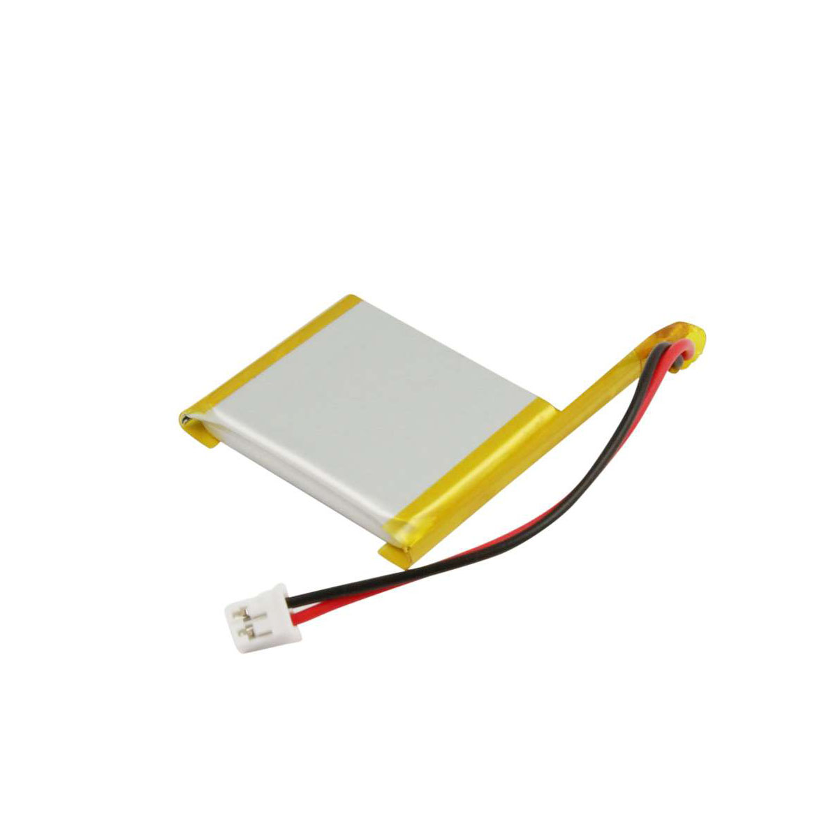 Batteria piatta ai polimeri di litio con bordo giallo e fili.