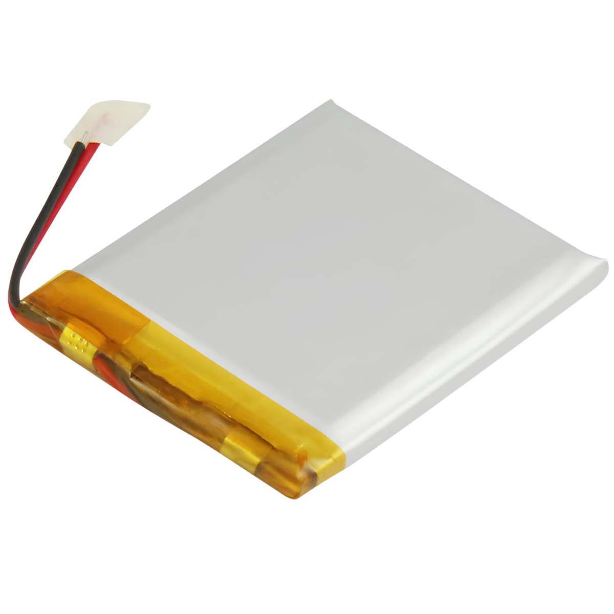 Una batteria piatta bianca con nastro giallo e due fili.