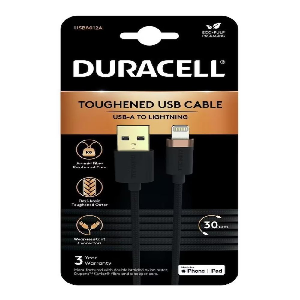 Duracell güçlendirilmiş USB-A - Lightning kablosu altın konektörlü, 30 cm.