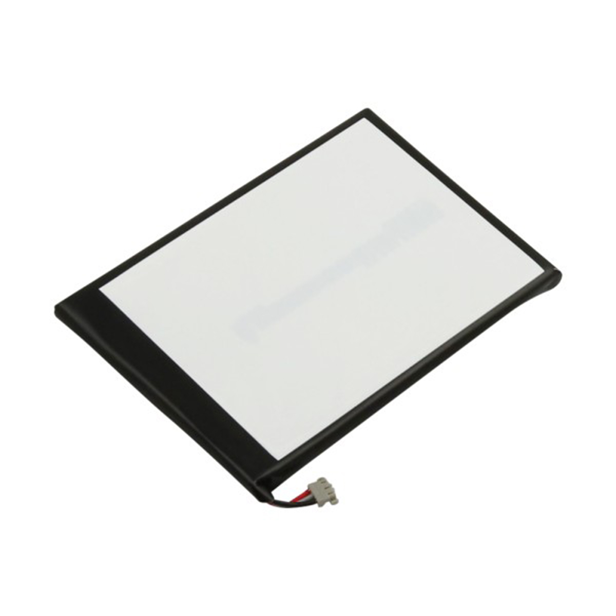 Batteria rettangolare nera con fronte bianco e fili.