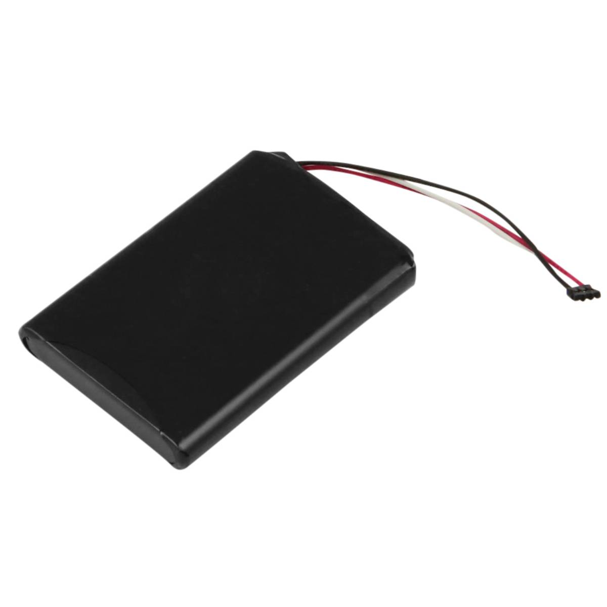 Una batteria rettangolare nera con tre cavi: rosso, bianco e nero.