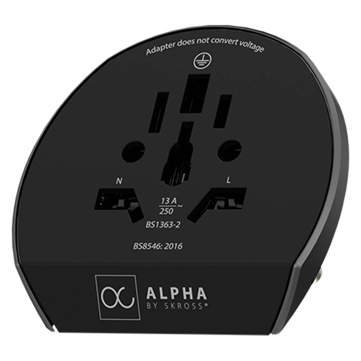 Adaptador de viaje negro con enchufes y "Adapter does not convert voltage".