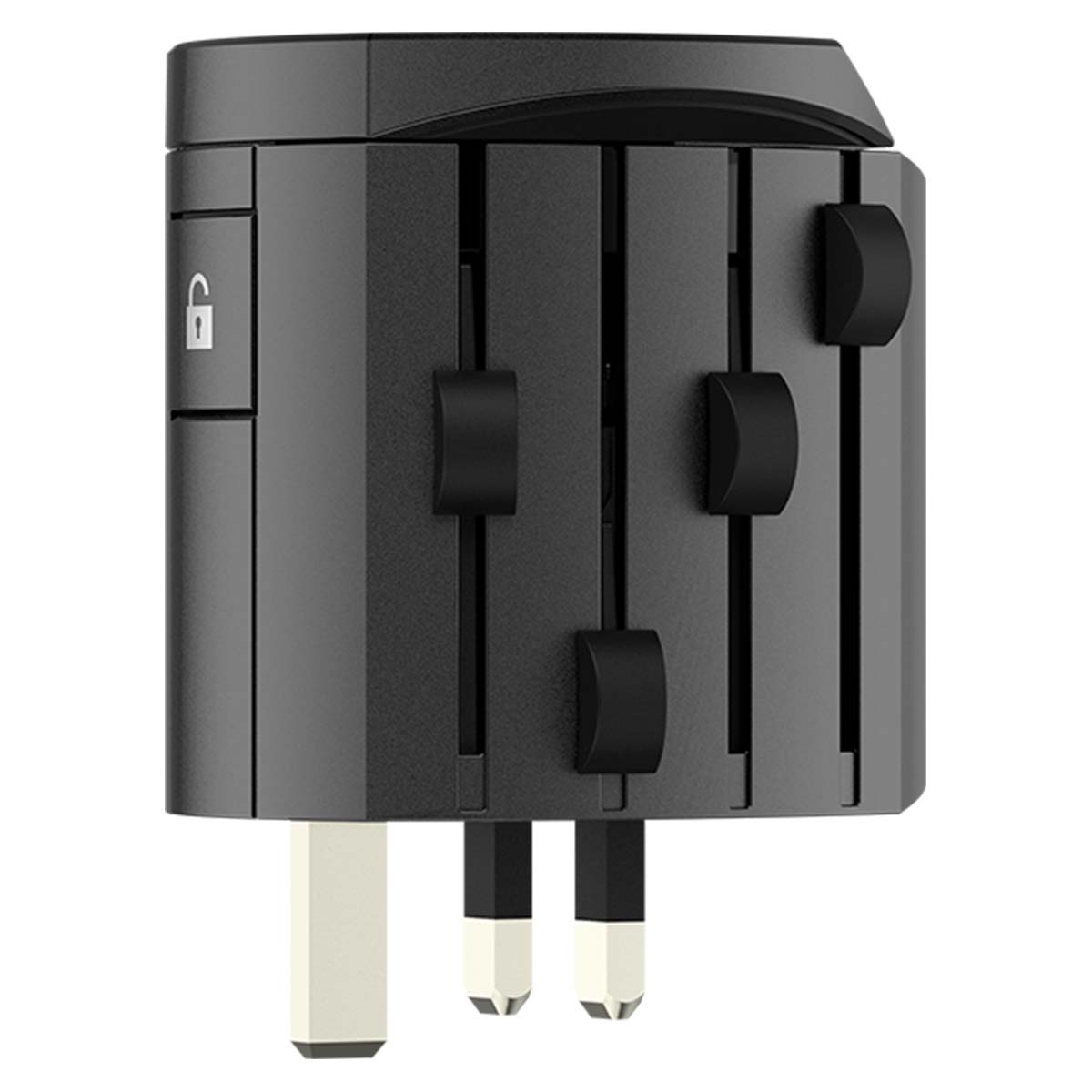 Un adaptador de viaje universal negro con pines retráctiles y un símbolo de candado.